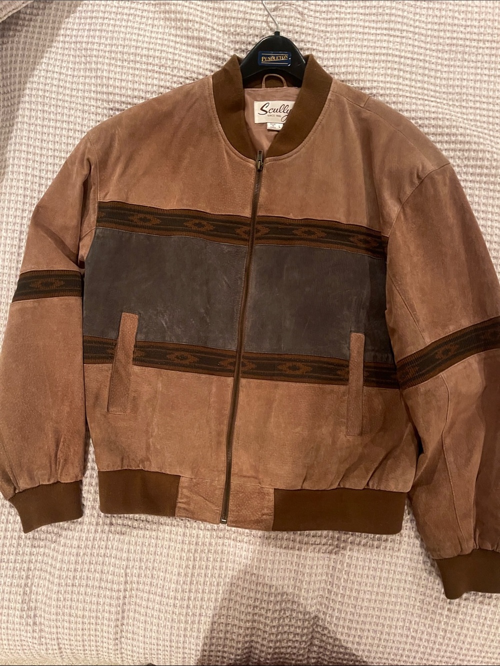Scully Brown Suede and Dark Brown Leather Varsity Bomber Jacket